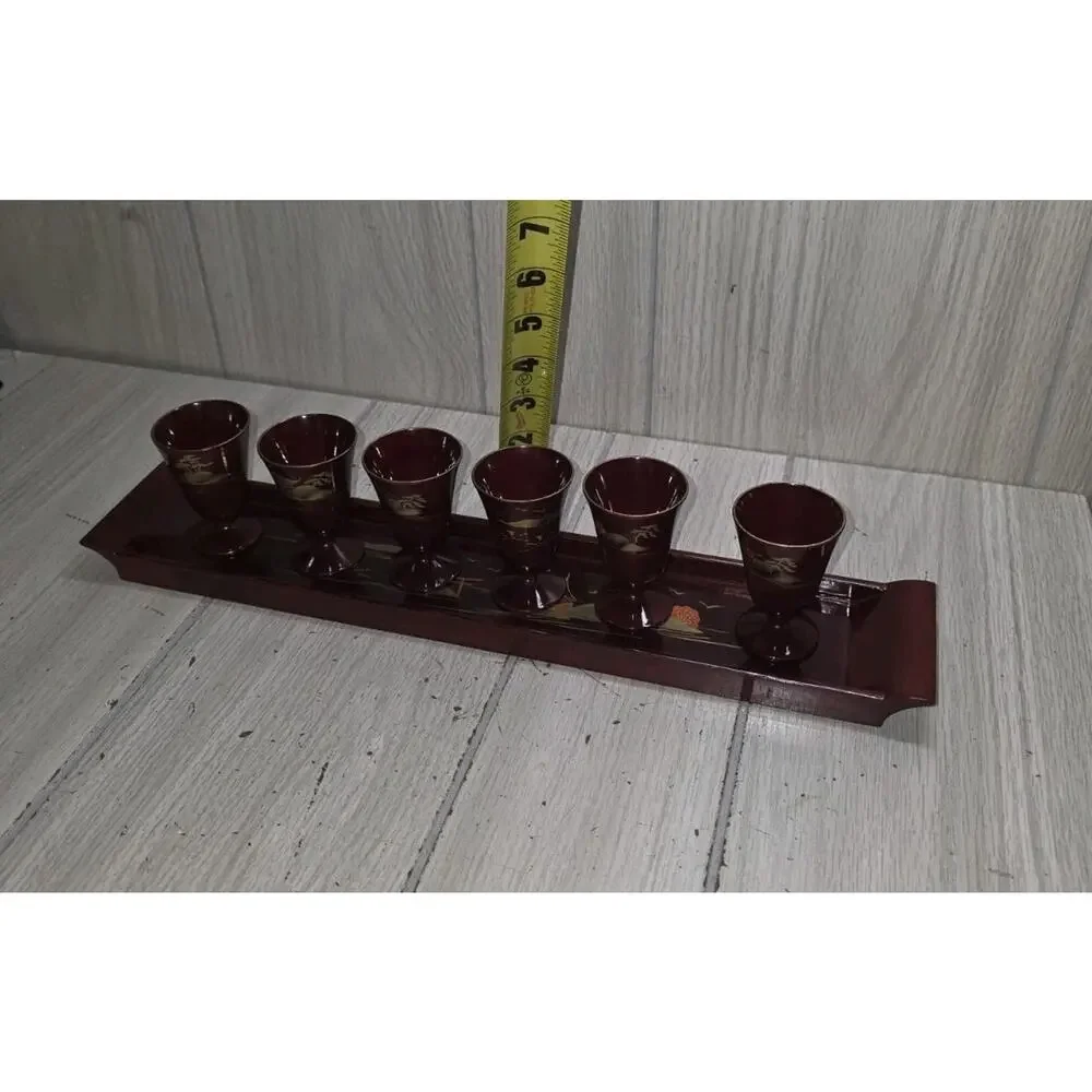 VTG Imaoka Trading Co Japan AIZU Sake Set 6 Cups Tray Deep Red Gold Beach Scene